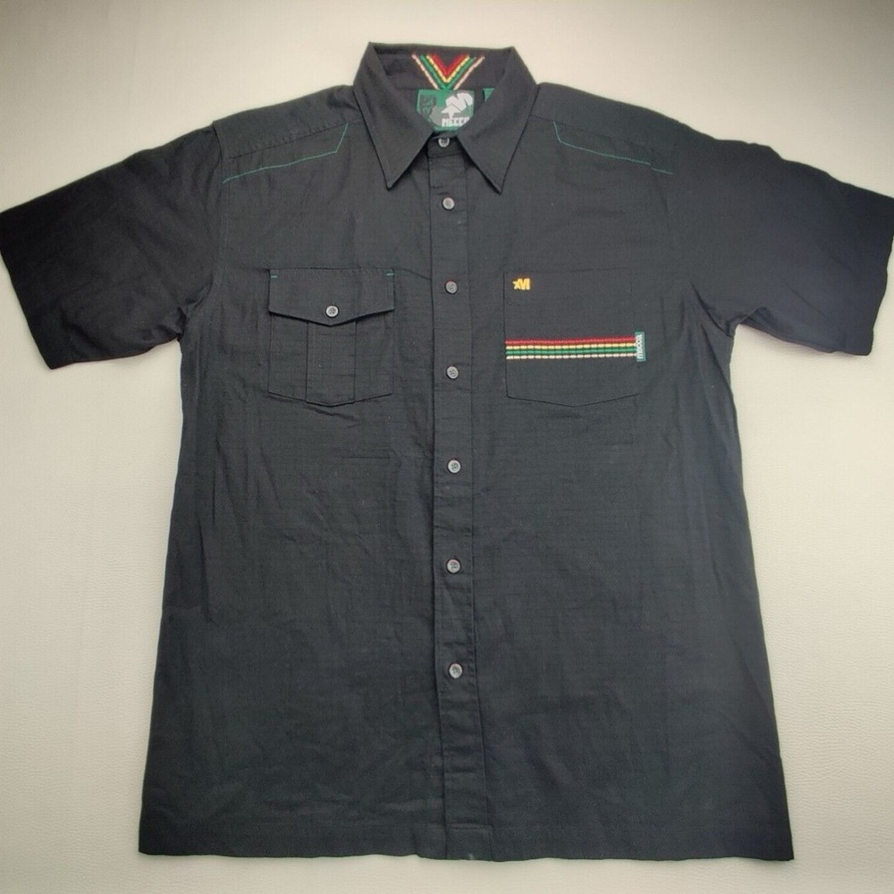 Mecca Black Men's button down shirt with Colorful Embroidery: size L RASTA
